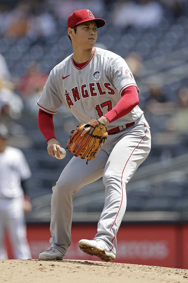 Shohei Ohtani of the Los Angeles Angels made his pitching debut on this date in 2018, pitching six innings in a 7-4 victory over the Oakland Athletics.
(AP file photo)