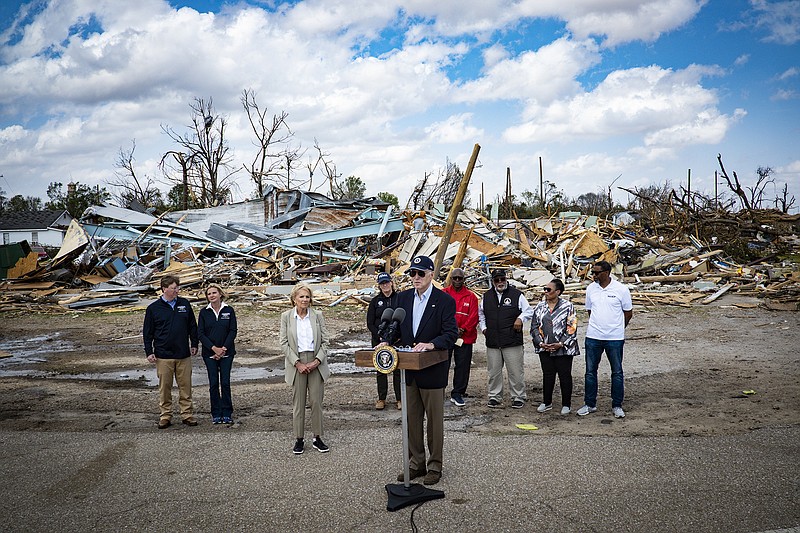 President Joe Biden, with first lady Jill Biden, speaks Friday during their tour of tornado damage in Rolling Fork, Miss.
(The New York Times/Pete Marovich)