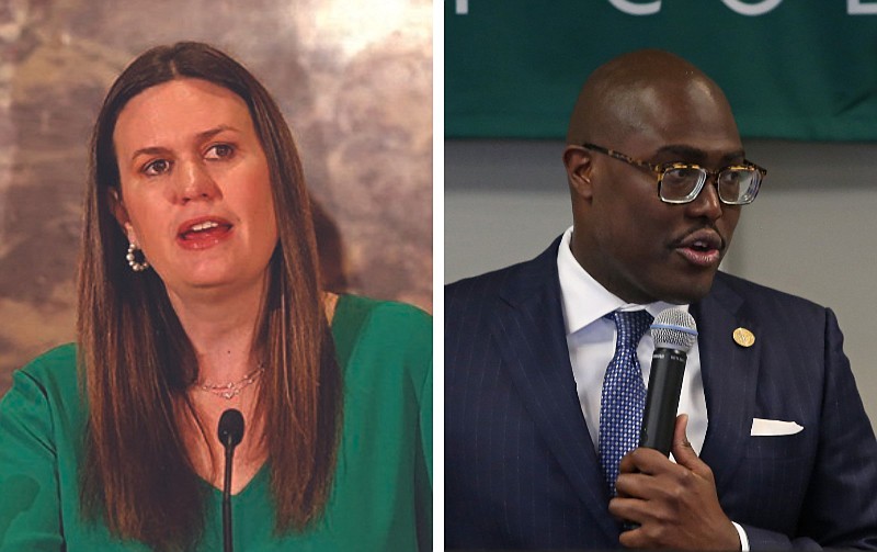 Arkansas Gov. Sarah Huckabee Sanders (left) and Little Rock Mayor Frank Scott Jr. are shown in Little Rock in these file photos taken in March 2023 and October 2022, respectively. (Arkansas Democrat-Gazette/Colin Murphey)