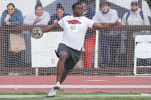 Arkansas discus thrower Ralford Mullings competes at the Stanford Invitational on Friday, March 31, 2023, in Stanford, Calif.