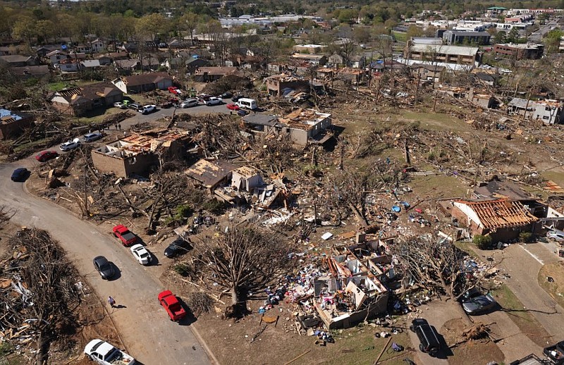 Widespread tornado damage in west Little Rock is evident in this aerial photo taken Saturday. The Arkansas Democrat-Gazette was offered an opportunity to see the damage by helicopter by Medic Corps, a nonprofit organization that assists in disasters. More photos at arkansasonline.com/42tornado/. (Arkansas Democrat-Gazette/Colin Murphey)