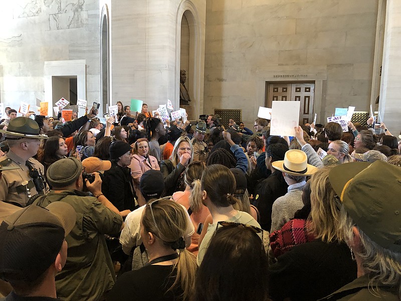 Staff Photo by Andy Sher / Students, parents and others demonstrate at the state Capitol for new gun restrictions on Thursday, following the shooting deaths of three children and staffers earlier this week at The Covenant School in Nashville.