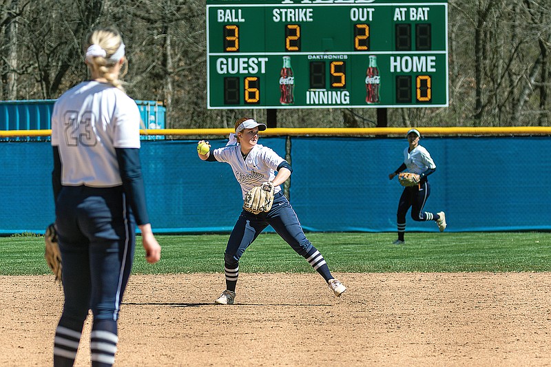 Lincoln second baseman Leslie Callahan throws to first base during the opener of Saturday afternoon’s doubleheader against Rogers State at Vogel Field. (Josh Cobb/News Tribune)