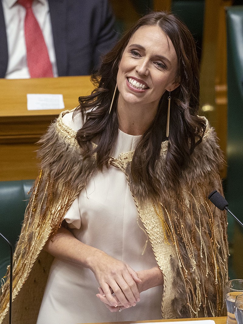 Jacinda Ardern wears a traditional Maori korowai cloak Wednesday for her last speech as New Zealand prime minister.
(AP/New Zealand Herald/Mark Mitchell)