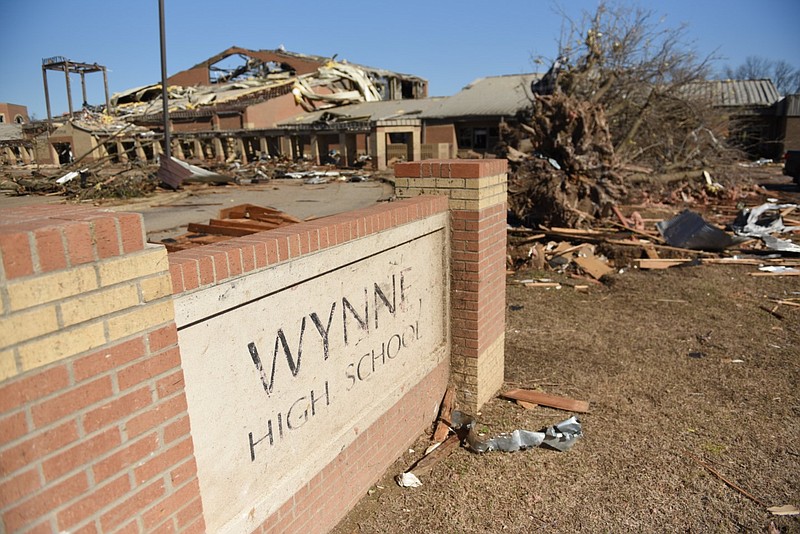 The Wynne High School campus is shown Saturday, April 1, 2023, one day after it was extensively damaged in a tornado. (Arkansas Democrat-Gazette/Staci Vandagriff)