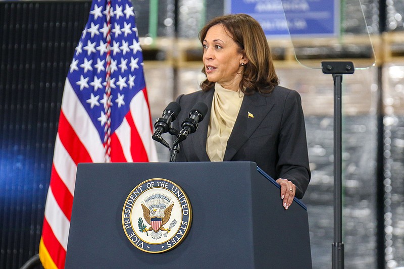 Staff photo by Olivia Ross / Vice President Kamala Harris speaks to the audience. Vice President Kamala Harris visited Dalton, Georgia’s QCells on Thursday, April 6, 2023.