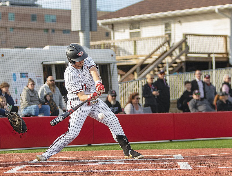 Jefferson City's Zac Arnold takes a swing at a pitch during Thursday night’s game against Lutheran: St. Charles in the Jays Baseball Classic at Jefferson City High School. (Josh Cobb/News Tribune)