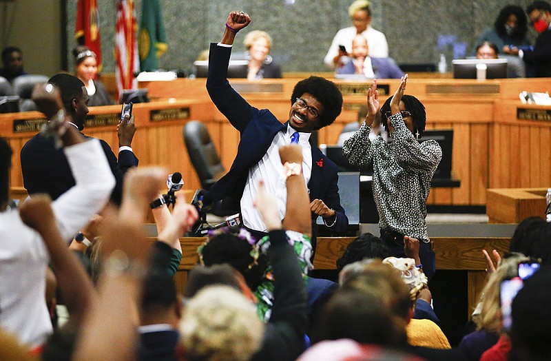 Justin Pearson celebrates Wednesday in Memphis after being reinstated to the Tennessee House of Representatives by the Shelby County Board of Commissioners. “You can’t expel hope,” Pearson said after the vote. “You can’t expel justice.” More photos at arkansasonline.com/413tnpearson/.
(AP/The Commercial Appeal/Chris Day)