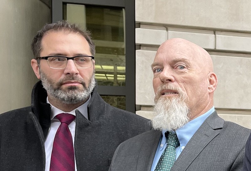 Attorney Jonathan Gross stands with his client, Richard "Bigo" Barnett of Gravette, outside federal court in Washington in this Jan. 23, 2023 file photo. (Arkansas Democrat-Gazette/Bill Bowden)