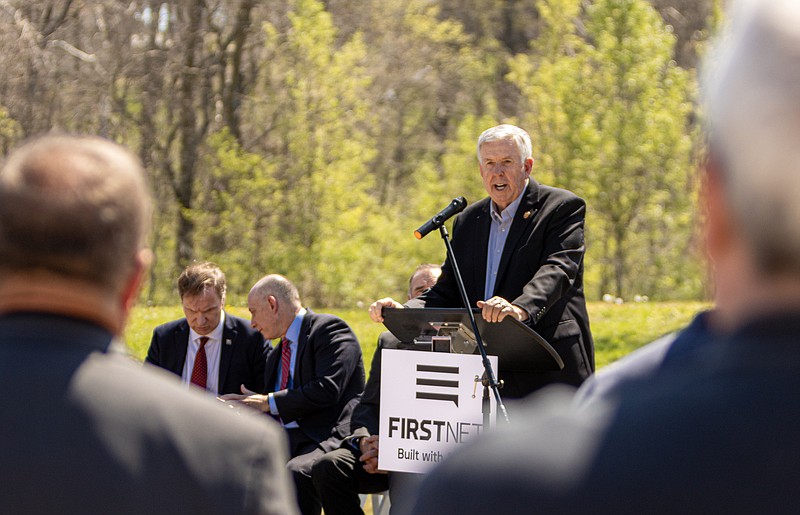 Josh Cobb/News Tribune. Governor Mike Parson addresses the crowd during the fifth anniversary celebration of the State of Missouri's partnership with FirstNet. The celebration was held at the Jefferson City Fire Department's training facility.