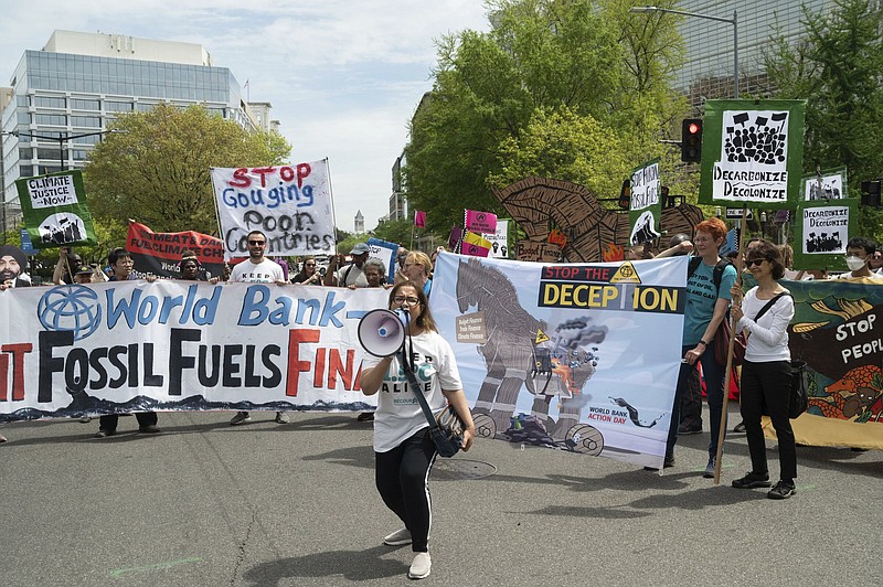 Hundreds of protesters gather at the World Bank headquarters on Friday, the final day of the World Bank Spring Meetings in Washington. They delivered a petition of nearly 30,000 people calling on the forthcoming World Bank president Ajay Banga to stop financing fossil fuels.
(AP/Glasgow Actions Team/Kevin Wolf)