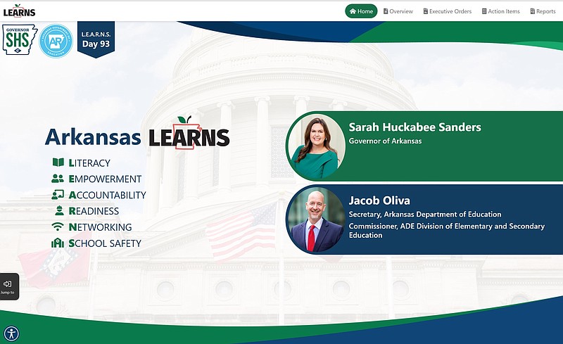 The homepage of the website learns.ade.arkansas.gov, billed as a "one-stop shop" for Arkansans looking for information about the state’s education overhaul, is shown in this screenshot taken Friday, April 14, 2023. Education Secretary Jacob Oliva, shown on the site with Arkansas Gov. Sarah Huckabee Sanders, introduced the site during an Arkansas Board of Education work session at the state Capitol. (Courtesy photo)