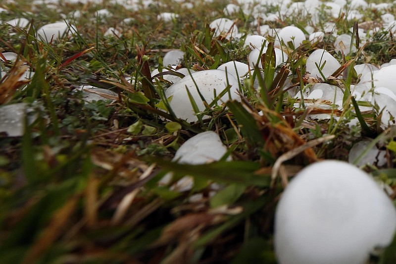 Golf ball-sized hail is shown on the ground after a hailstorm in this March 18, 2013 file photo. (AP/Rogelio V. Solis)