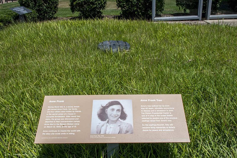 A plaque explaining the story of Anne Frank and the Anne Frank tree is shown on the grounds of the Clinton Presidential Center in Little Rock in this July 6, 2022 file photo. The tree in Little Rock was a sapling that was taken from a chestnut tree that once stood outside the house where the Franks hid from the Nazis during World War II. The sapling struggled in Arkansas' climate, and died in a garden center in spring 2022. (Arkansas Democrat-Gazette/Cary Jenkins)