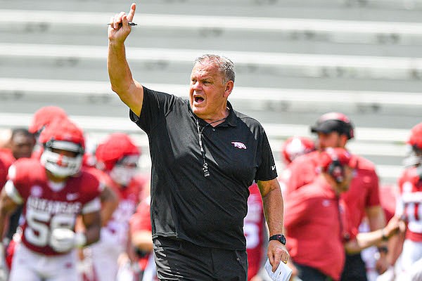 Arkansas coach Sam Pittman is shown during a scrimmage Saturday, April 15, 2023, in Fayetteville.