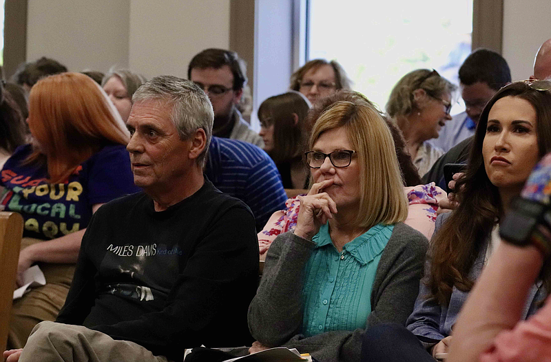 Residents listen during a quorum court meeting at the Saline County Courthouse on Monday, April 17, 2023. (Arkansas Democrat-Gazette/Josh Snyder)