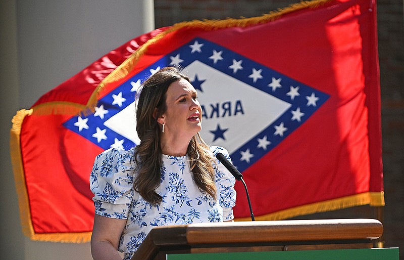 Gov. Sarah Huckabee Sanders addresses the crowd on her 100th day in office Wednesday at the Arkansas Governor’s Mansion in Little Rock.
(Arkansas Democrat-Gazette/Staci Vandagriff)