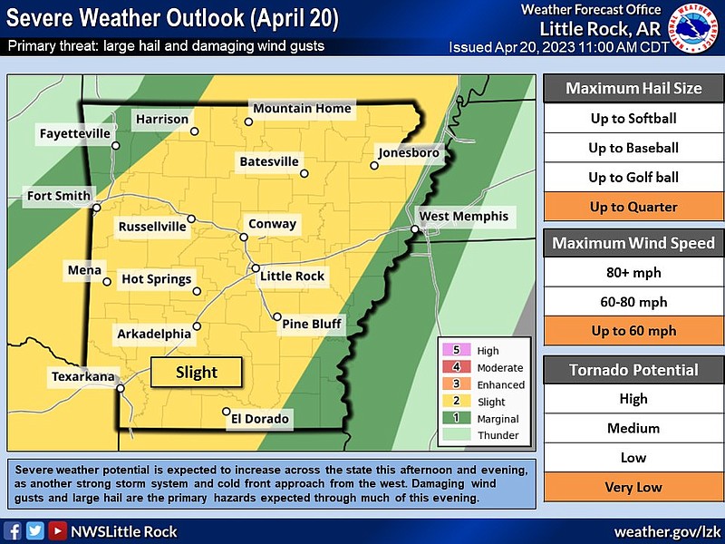 This graphic from the National Weather Service shows which parts of the state are predicted to see severe weather on Thursday. (National Weather Service/Twitter)