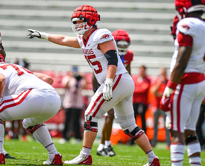 Offensive tackle Patrick Kutas is among the top Arkansas underclassmen who have not yet been key contributors who could make big impacts during the 2023 season.
(NWA Democrat-Gazette/Hank Layton)