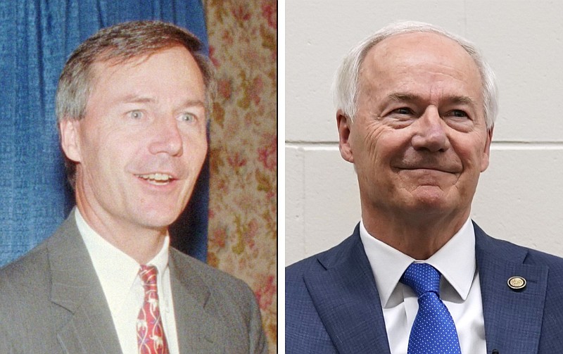 Asa Hutchinson is shown in these file photos taken on Aug. 12, 1995, and on April 13, 2023, respectively. At left, Hutchinson was speaking in Little Rock as the chairman of the Republican Party of Arkansas. At right, former Arkansas Gov. Hutchinson was preparing to speak at a meet-and-greet at the VFW Post 9127 in Des Moines, Iowa, as a Republican candidate for president. (Left, AP/Spencer Tirey; right, AP/Charlie Neibergall)