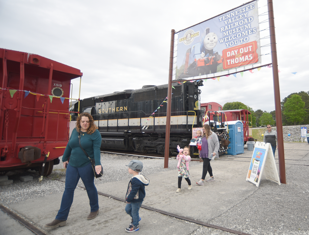 Staff photo by Matt Hamilton /  Visitors arrive for the Day Out With Thomas at the Tennessee Valley Railroad Museum on Sunday, April 23, 2023.