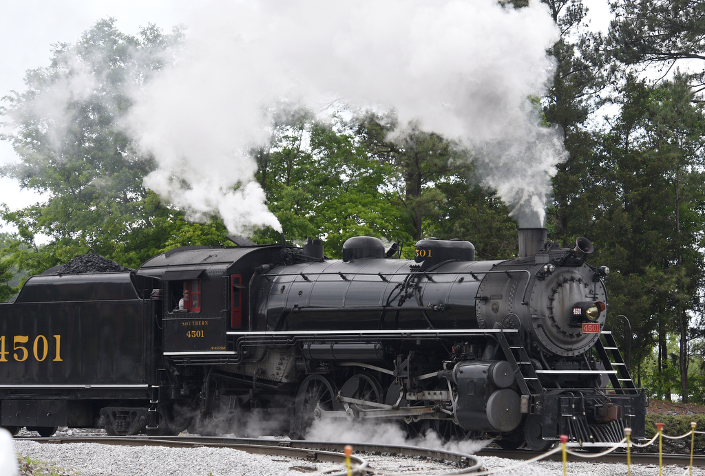 Staff photo by Matt Hamilton / A train pulls into the station during the Day Out With Thomas at the Tennessee Valley Railroad Museum on Sunday, April 23, 2023.