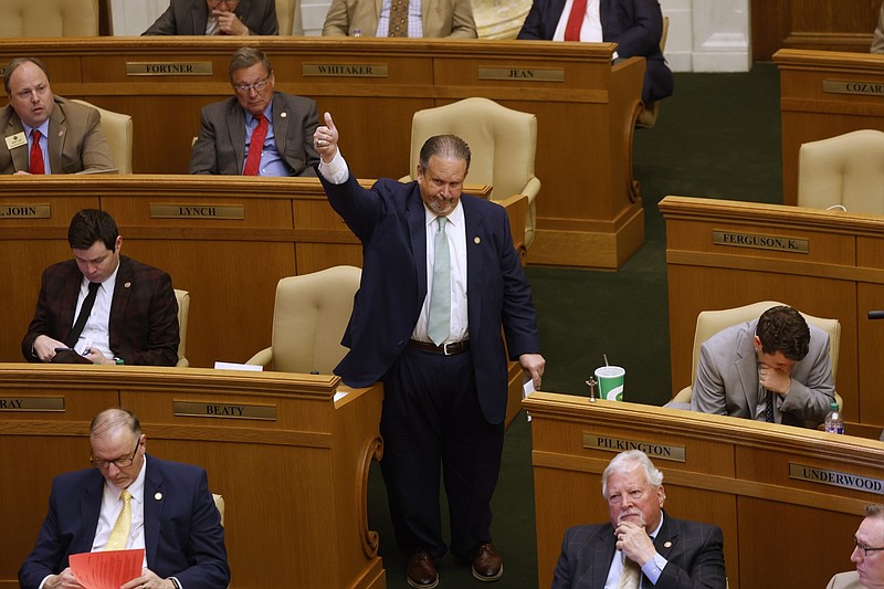 Arkansas state Rep. Howard Beaty, R-Crossett, gestures to speak in favor of Senate Bill 495, the "Protect Arkansas Act," during the House session at the state Capitol in Little Rock in this April 6, 2023 file photo. The Protect Arkansas Act was one of at least 28 bills passed during the regular legislative session creating new criminal charges or enhancing existing punishments. (Arkansas Democrat-Gazette/Thomas Metthe)