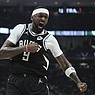 Milwaukee Bucks' Bobby Portis reacts after a stop during the first half in Game 1 of an NBA basketball first-round playoff game Sunday, April 16, 2023, in Milwaukee. (AP Photo/Morry Gash)