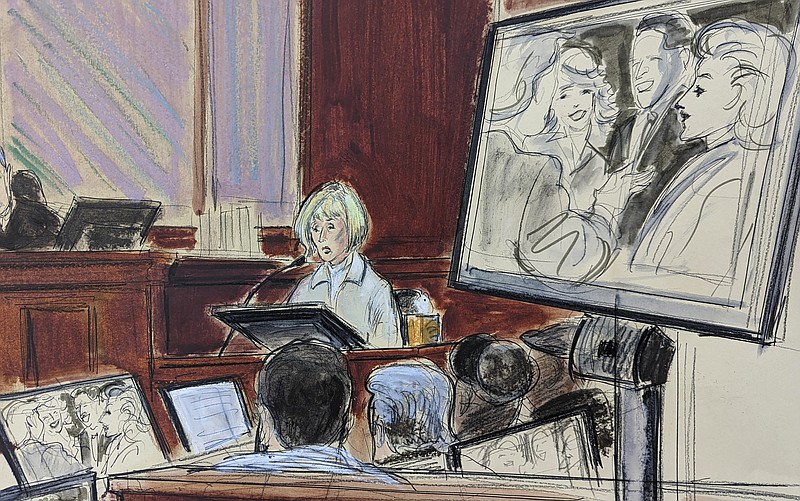 In this courtroom sketch, in Federal Court, in New York, Thursday, April 27, 2023, E. Jean Carroll, center, testifies on the witness stand as a photo of her and Donald Trump, along with his wife Ivana and Carroll's former husband, is shown on a screen. The photo was taken prior to the alleged assault. The jury is in the foreground. (AP Photo/Elizabeth Williams)