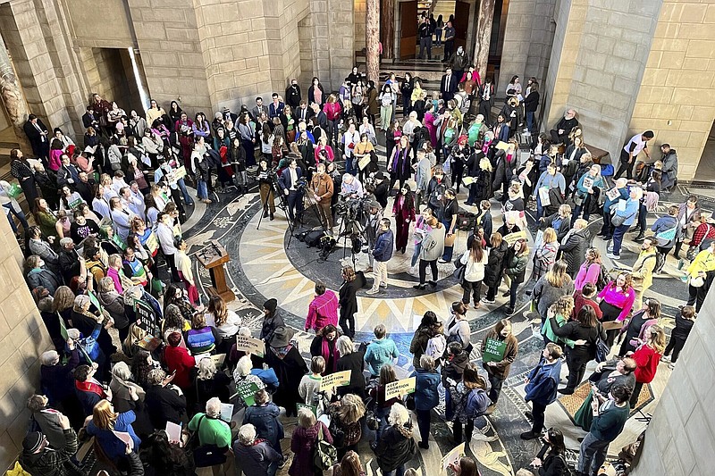 People crowd the Nebraska state Capitol rotunda in Lincoln, Neb., in February to protest an abortion bill.
(AP/Margery A. Beck)