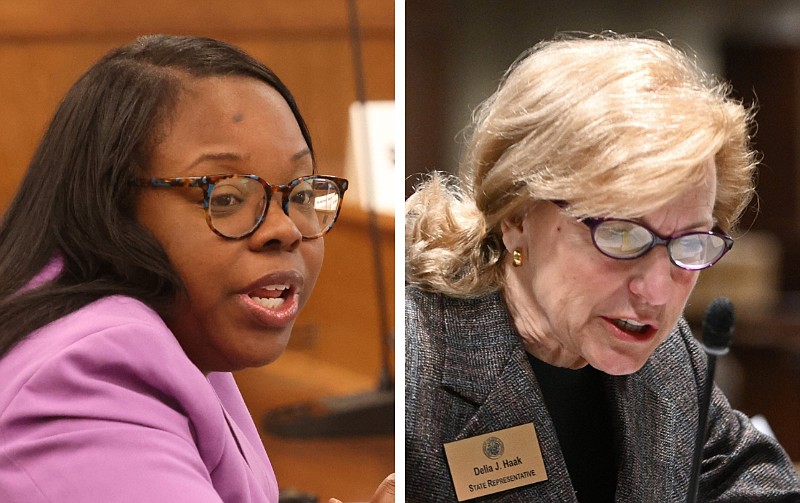 State Reps. Jamie Scott (left), D-North Little Rock, and Delia Haak, R-Gentry, are shown at the Arkansas state Capitol in Little Rock in these 2023 file photos. (Left, Arkansas Democrat-Gazette/Colin Murphey; right, Arkansas Democrat-Gazette/Staci Vandagriff)
