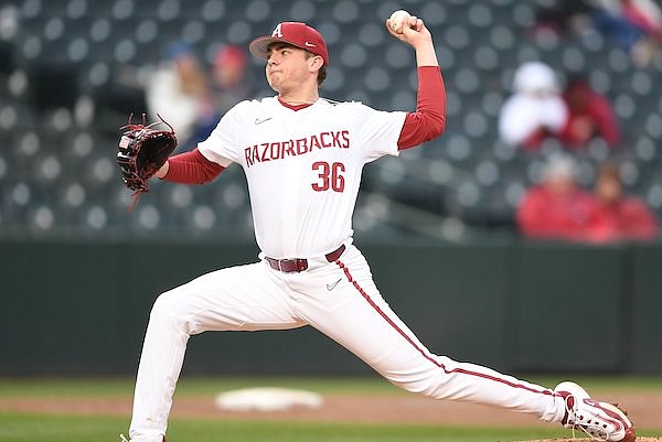 Arkansas reliever Parker Coil pitches Friday, March 3, 2023, during the Razorbacks’ 12-2 run-rule-shortened win over Wright State at Baum-Walker Stadium in Fayetteville.