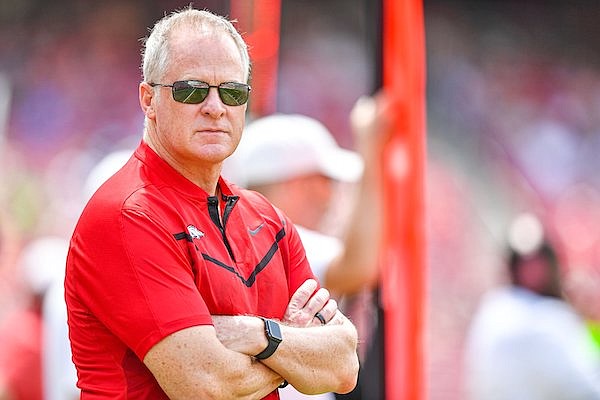 Arkansas athletics director Hunter Yurachek is shown at a football scrimmage Saturday, April 15, 2023, in Fayetteville.