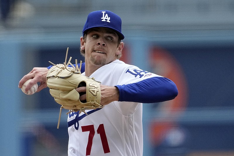 Right-hander Gavin Stone (UCA/Riverside) made his major-league debut with the Los Angeles Dodgers on Wednesday, giving up 5 runs (4 earned) on 8 hits over 4 innings, but Max Muncy’s grand slam in the bottom of the ninth gave the Dodgers a 10-6 victory over the Philadelphia Phillies. 
(AP/Mark J. Terrill)