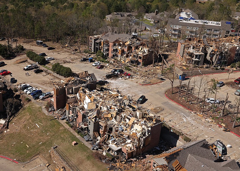 Damage to buildings in Little Rock can be seen in this Saturday, April 1, 2023 aerial photo after a tornado swept through the area on Friday. The Arkansas Democrat-Gazette was offered an opportunity to see the damage by helicopter by Medic Corps, a non-profit organization that assists in disasters. See more photos arkansasonline.com/42tornado/ (Arkansas Democrat-Gazette/Colin Murphey)
