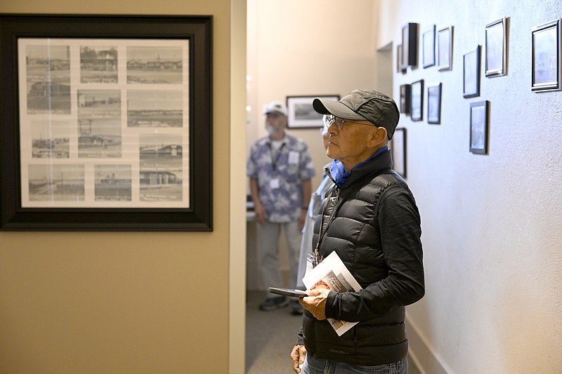 Tadashi Nakase looks through exhibits at the World War II Japanese American Internment Museum in McGehee during the 10-year reunion celebration for the museum on Thursday, May 4, 2023. More photos at arkansasonline.com/55internment/..(Arkansas Democrat-Gazette/Stephen Swofford)