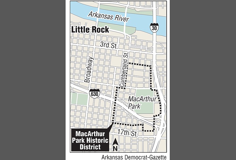 The boundaries of Little Rock's MacArthur Park Historic District are shown in this Arkansas Democrat-Gazette graphic.