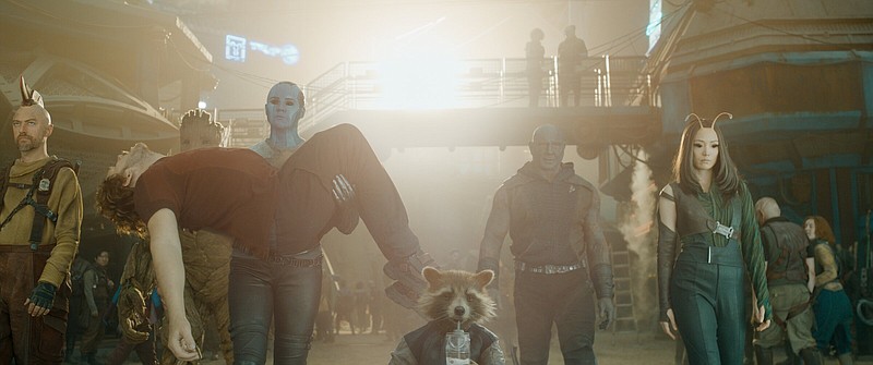 Motley crew: Kraglin (Sean Gunn), Groot (voiced by Vin Diesel), an alcohol-incapacitated Peter Quill/Star Lord (Chris Pratt), Nebula (Karen Gillan), Rocket (voiced by Bradley Cooper) and Drax (Dave Bautista) come together not to save the universe but a friend in “Guardians of the Galaxy Vol. 3.”