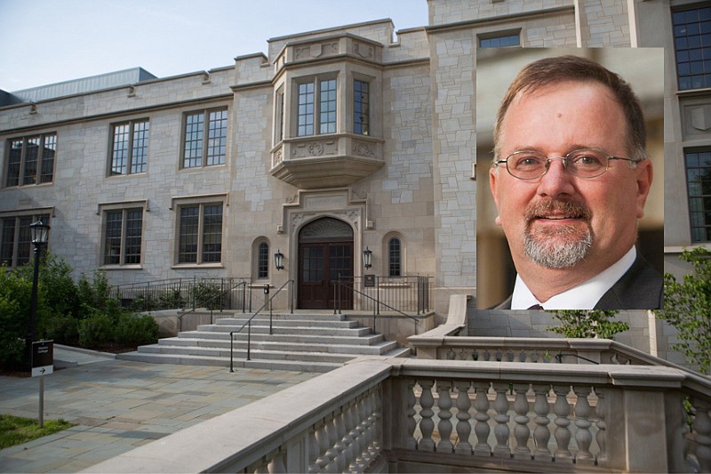 Ed Pohl, a professor, researcher, scholar and U.S. Air Force veteran, is shown with Gearhart Hall, home of the Office of the Dean of the Graduate School and International Education at the University of Arkansas, Fayetteville, in this undated combination of courtesy photos. Pohl has been named the next dean of the Graduate School and International Education at the university, officials announced Friday, May 5, 2023.