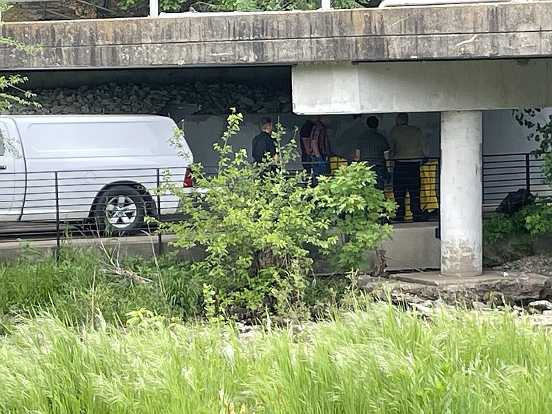 Emergency personel respond to a found body on the Razorback Greenway near Shiloh Street Friday, May 5, 2023 in Springdale. (NWA Democrat-Gazette/LAURINDA JOENKS)