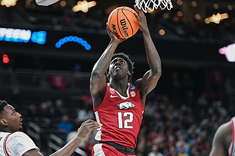 Arkansas guard Barry Dunning shoots, Thursday, March 23, 2023 during the second half of the NCAA Division I Basketball Championship Sweet 16 Round at T-Mobile Arena in Las Vegas, Nev.