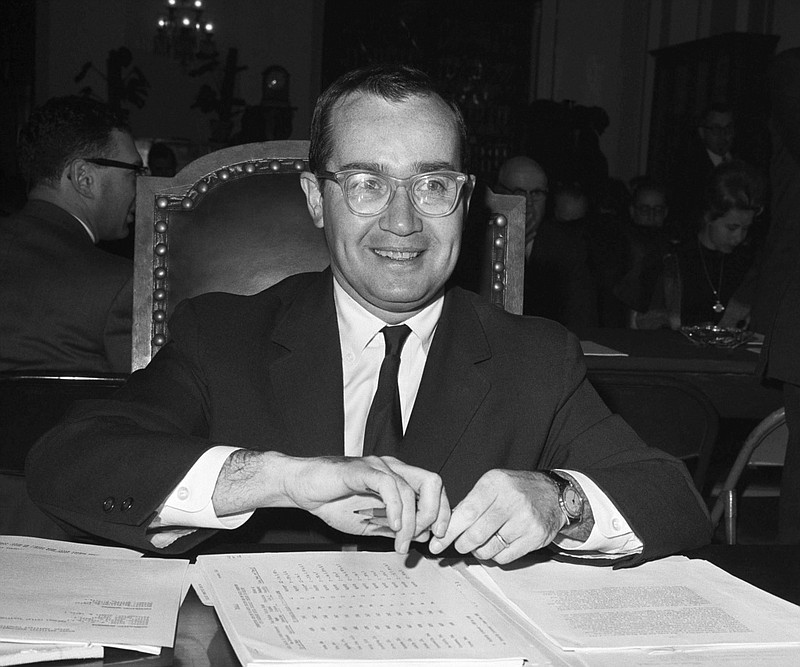 FILE - Newton Minow, Chairman of the Federal Communications Commission, appears before the House Antitrust Subcommittee which is probing newspaper competition, March 13, 1963, Washington.  Minow, who as Federal Communications Commission chief in the early 1960s famously proclaimed that network television was a "vast wasteland," died Saturday, May 6, 2023. He was 97(AP Photo, File)