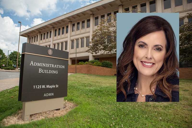 Michelle Hargis Wolfe, the first "chief people officer" at the University of Arkansas, Fayetteville, is shown with the university's administration building in this undated combination of courtesy photos.