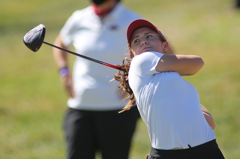Arkansas golfer Julia Gregg watches her drive on the first tee Monday, October 5, 2020, during the inaugural Blessings Collegiate Invitational at the Blessings Golf Club in Johnson.