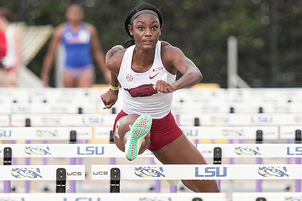 Arkansas' Ackera Nugent competes at the LSU Invitational on Saturday, April 29, in Baton Rouge, La.