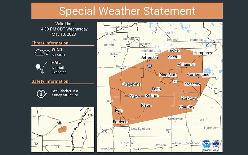 The National Weather Service's "special weather statement" for Wednesday, May 10, 2023, which included Pine Bluff, is shown in this Wednesday courtesy photo. (National Weather Service/Twitter)