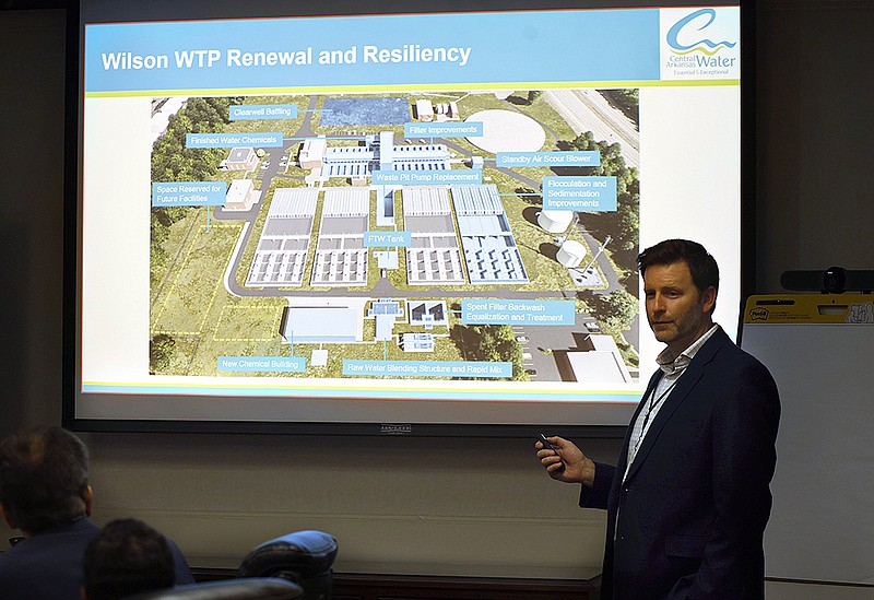 Senior engineer Andrew Pownall gives an update on planned upgrades to the Jack H. Wilson Water Treatment Plant during the Central Arkansas Water board of commissioners meeting on Thursday in Little Rock.
(Arkansas Democrat-Gazette/Thomas Metthe)