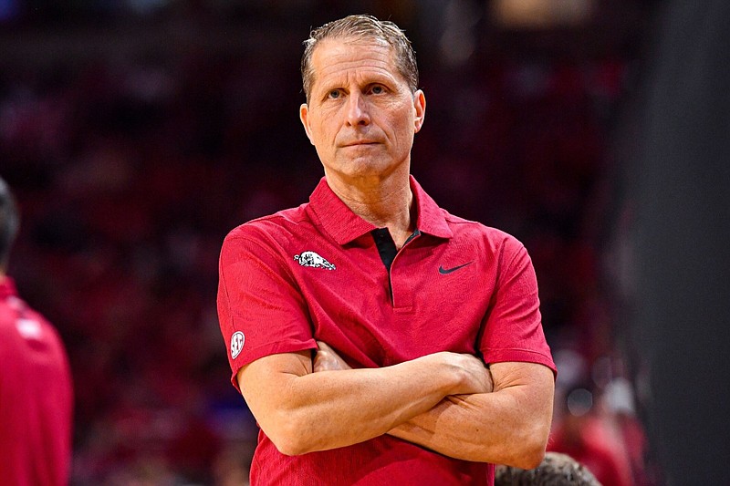 Arkansas coach Eric Musselman looks on, Saturday, Feb. 18, 2023, during the second half of the Razorbacks’ 84-65 win over the Florida Gators at Bud Walton Arena in Fayetteville.