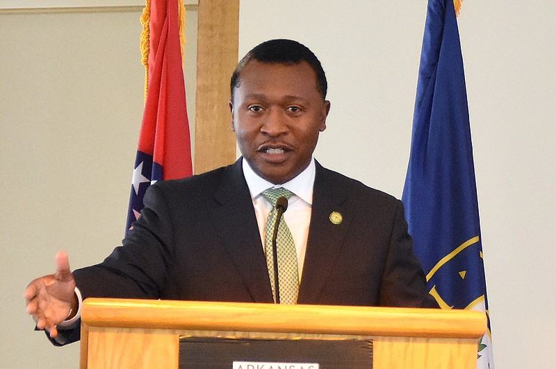 Roderick Smothers, president of Philander Smith College, speaks during a news conference in Little Rock in this Aug. 6, 2021 file photo. Smothers, who has led the college since January 2015, agreed with the Philander Smith board of trustees that "it is time to transition and move the college forward under new leadership," interim board chair Terry Esper said in an email dated Thursday, May 11, 2023. (Arkansas Democrat-Gazette/Staci Vandagriff)