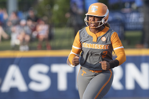 Tennessee's Lair Beautae rounds the bases after hitting a grand slam against Alabama on Friday May 12, 2023, during the SEC Softball Tournament in Fayetteville.